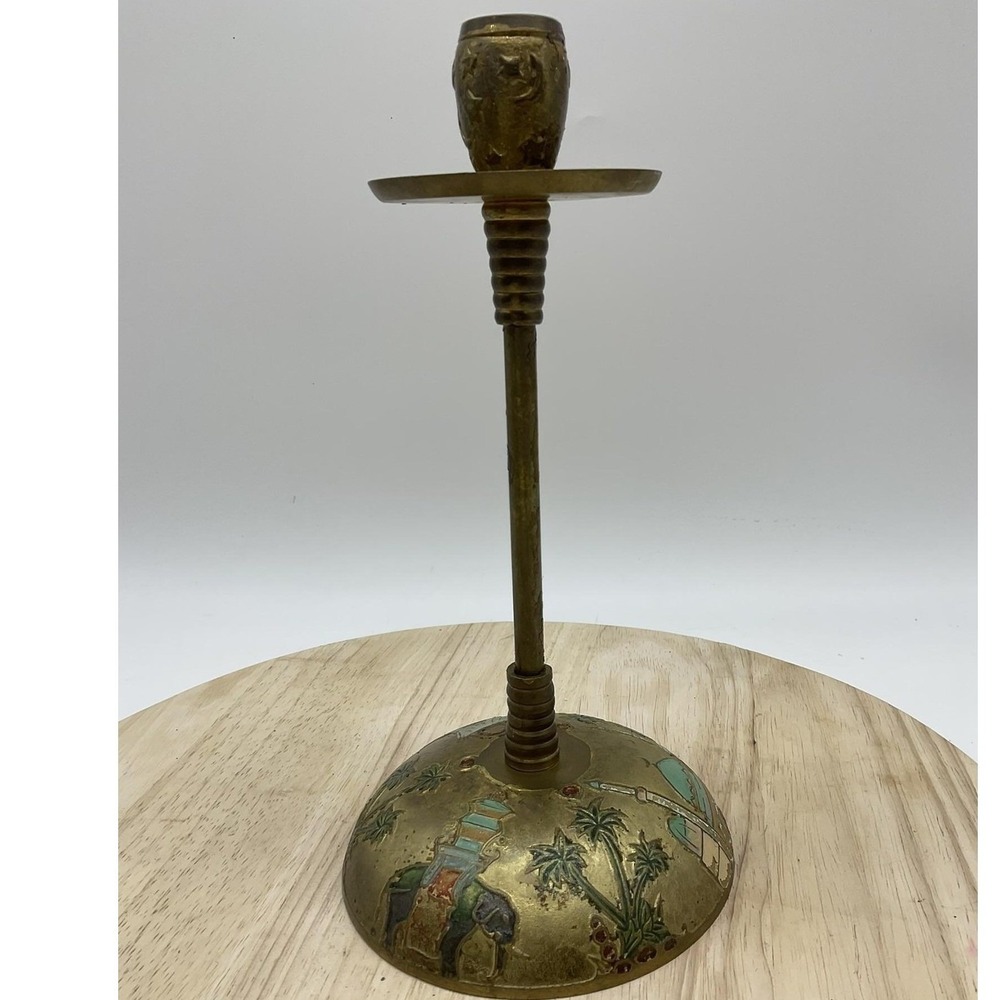 Vintage Brass Candlestick Holder India Hand Painted Elephant Camel Gold 10.5"